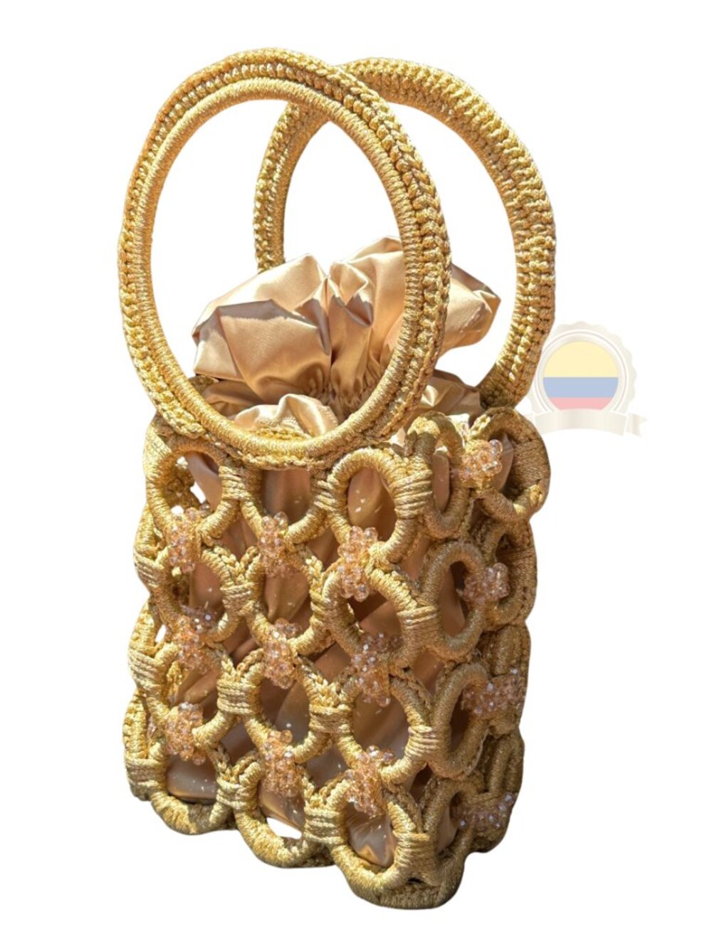 NEW Colombian Gold Metallic Purse Handmade Crystal Beaded Circle Handle Muisca - Picture 8 of 9